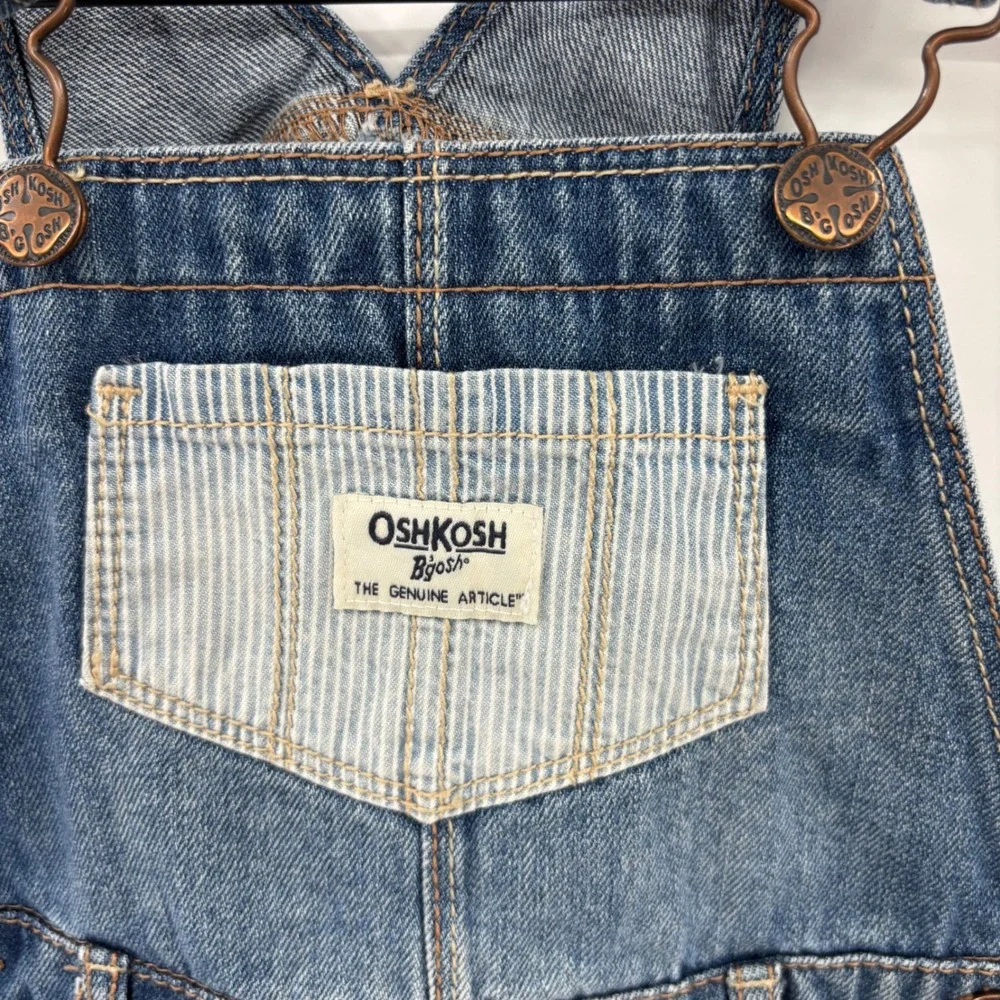 OshKosh B'gosh Denim Overall Dress Kids 3T Blue Distressed Hickory Stripe Jumper
